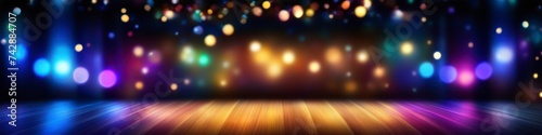 Abstract colorful blurry illustration of empty wooden platform on dark blurry bokeh background for product presentation  social media banner  website and for your design  space for text.