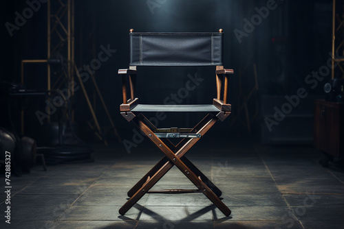 Digital collage generative ai image of director chair on studio photo