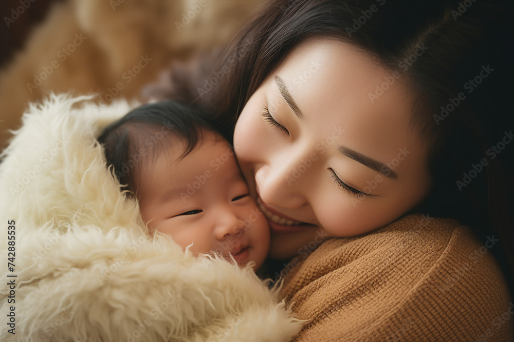 AI generated photo of happy loving mum caring of her sleeping newborn baby at home indoors AI generated photo of happy loving mum caring of her sleeping newborn baby at home indoors