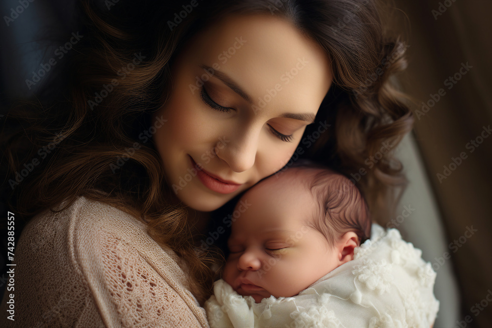Beautiful portrait of a mother and her little child created by generative AI technology