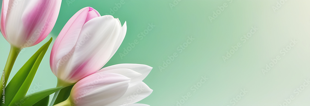 Banner with free space for an inscription. Spring flowers on a light green background in pastel shades. Cover, poster, postcard, congratulation