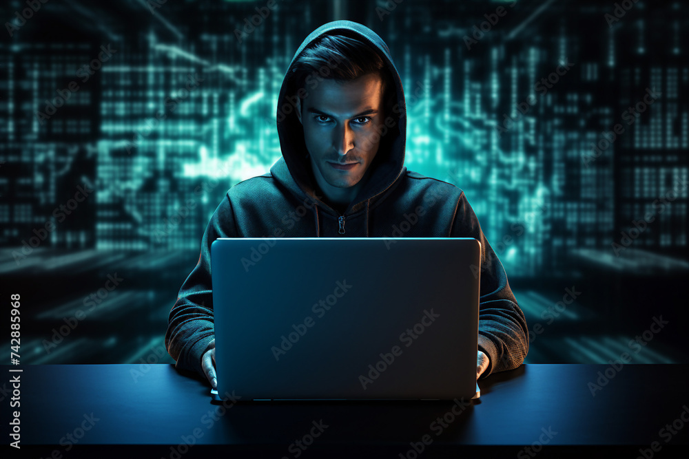 Experienced hacker in action breaking software protection server code Generative Ai image pic Experienced hacker in action breaking software protection server code Generative Ai image pic