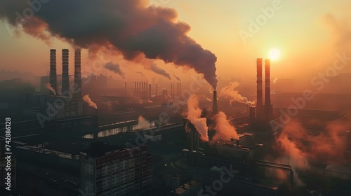 Industrial sunrise with smokestacks emitting smoke. environmental impact and pollution concept. urban factory scene. stock photo. AI photo