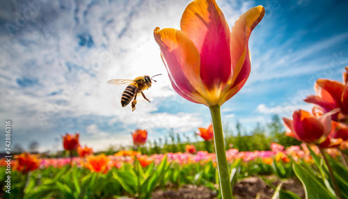 Biene fliegt zu einer Blüte auf einem Tulpenfeld photo