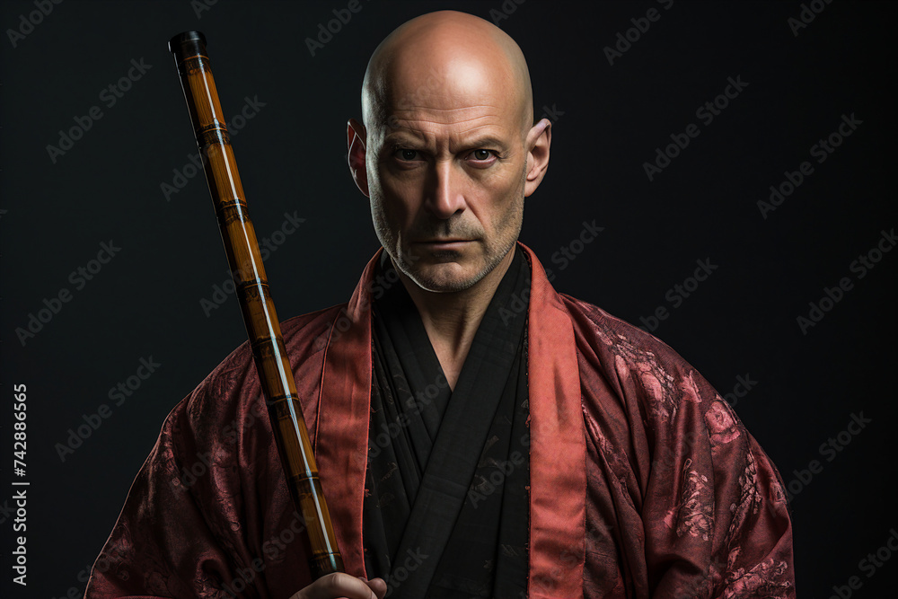 Generative AI image of asian man fighter standing in kimono on dark background Generative AI image of asian man fighter standing in kimono on dark background