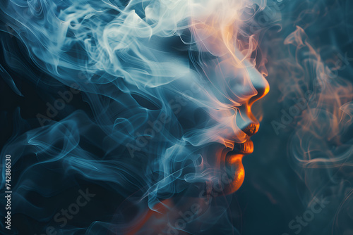 Abstract portrait art of a face from holographic liquid smoke. Modern beautiful background