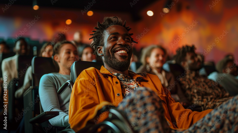 Man in wheelchair laughing joyfully at the cinema