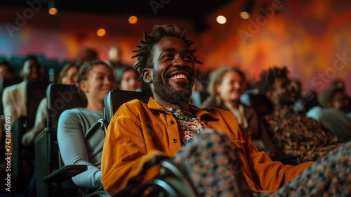 Man in wheelchair laughing joyfully at the cinema