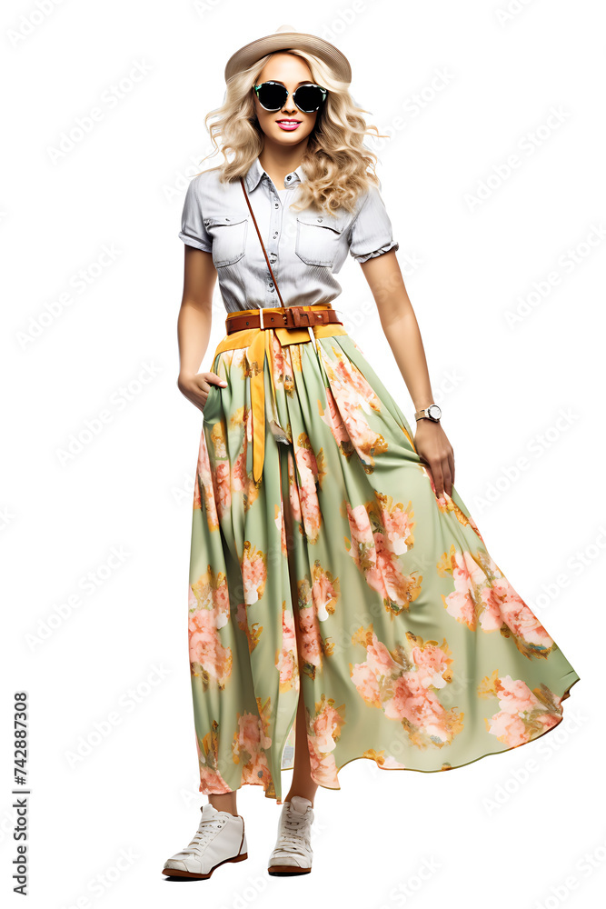 Model in summer fashion clothes on transparent background PNG