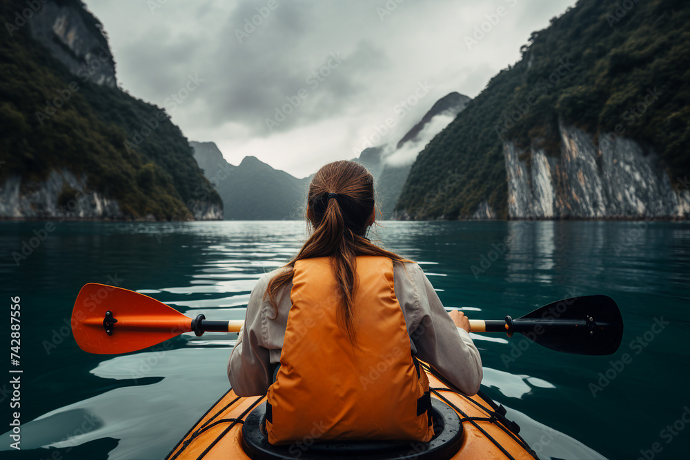 Rear view of woman riding kayak in stream with background of beautiful landscape generative ai concept