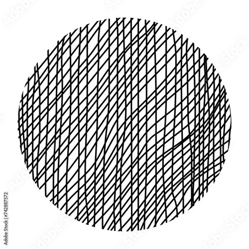 Crisscrossed vertical and diagonal black lines forming a circle