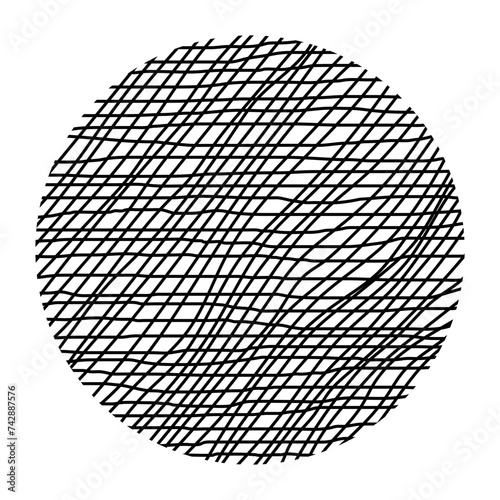Crisscrossed horizontal and diagonal black lines forming a circle