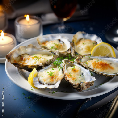 Oysters baked with cheese on plate. Homemade creamy oysters rockefeller with cheese.