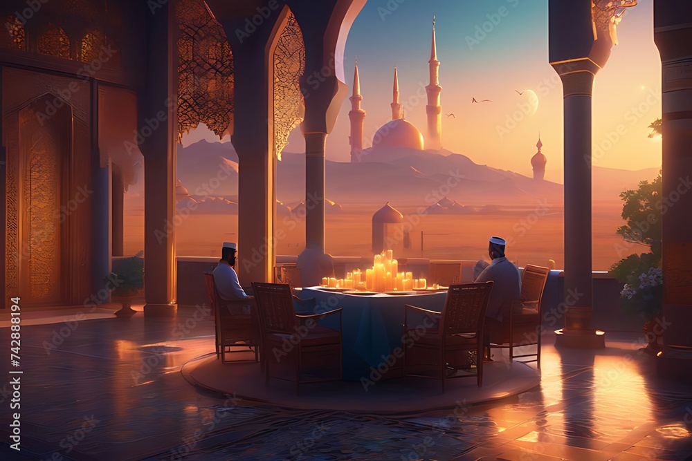 Ramadan Kareem background beautiful Islamic mosque view - obrazy, fototapety, plakaty 