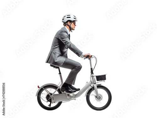 Businessman using a small electric bicycle for city travel on PNG transparent background