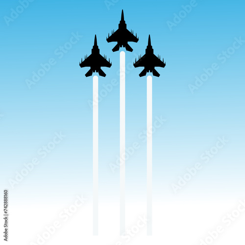 Military fighter jets during demonstration. Vector illustration