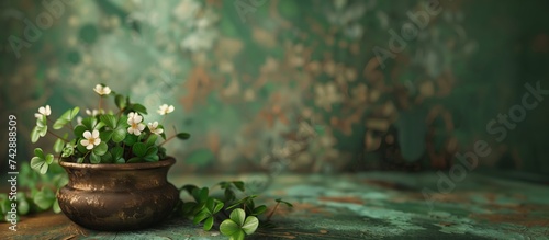 enchanted pot of clovers blooming with white flowers, a serene saint patrick's day theme photo