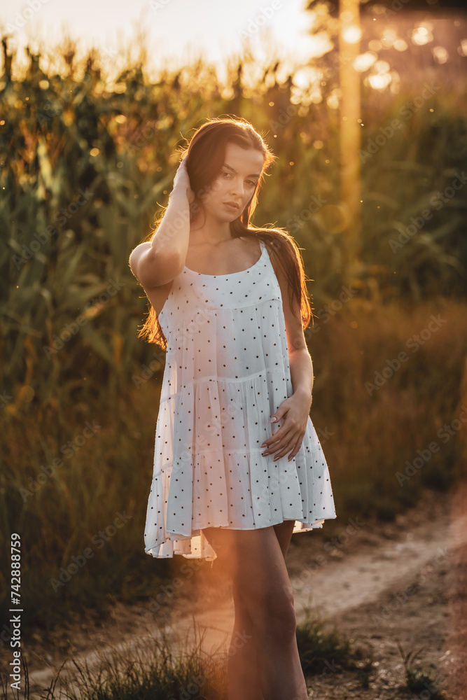 Young beautiful woman in white dress in corn field.
