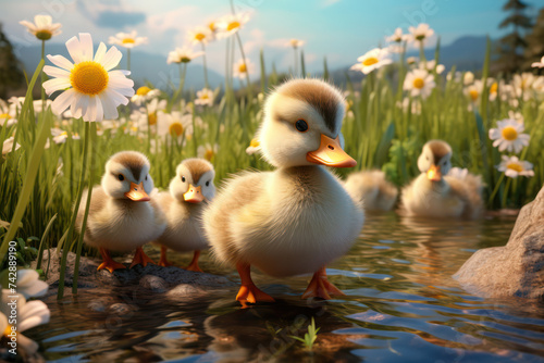 Fluffy Yellow Duckling: Adorable Newborn Chick Exploring the Green Grass in the Sunny Spring Day