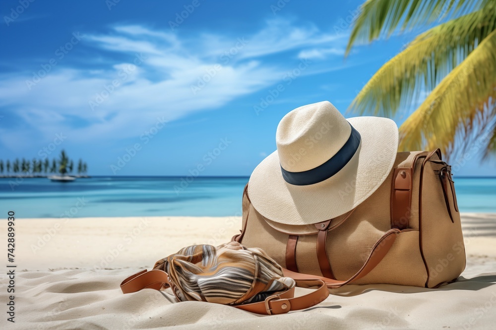 Straw hat, bag, sun glasses and flip flops on a tropical beach