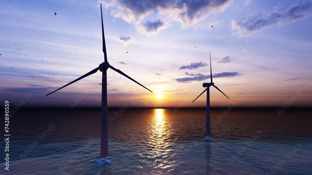 Obraz premium Offshore wind turbines farm on the ocean. Sustainable energy production, clean power. Close-up wind turbine. 