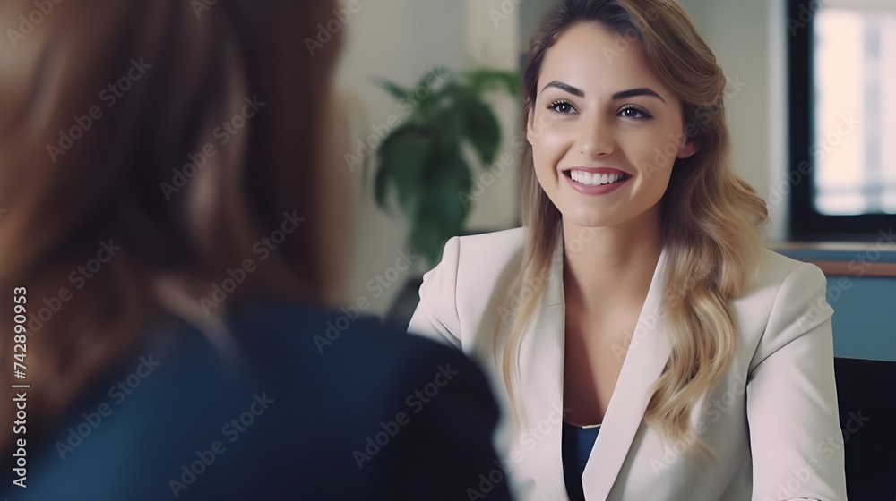 Generative AI : Young woman doing a job interview  Public relations specialists managing brand reputation 