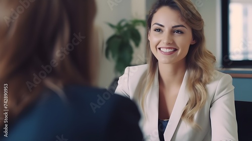 Generative AI : Young woman doing a job interview  Public relations specialists managing brand reputation  photo