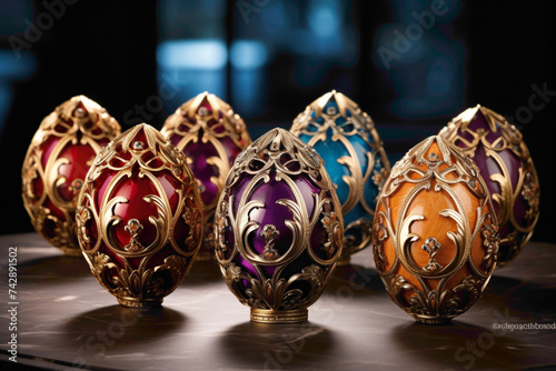Exquisite Faberg?(C)-inspired Easter eggs crafted with precision and adorned with dazzling gemstones, representing the pinnacle of opulence and luxury. photo