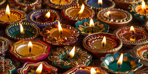 close shot about colorful diwali oil candles ceremony celebrating light in India photo