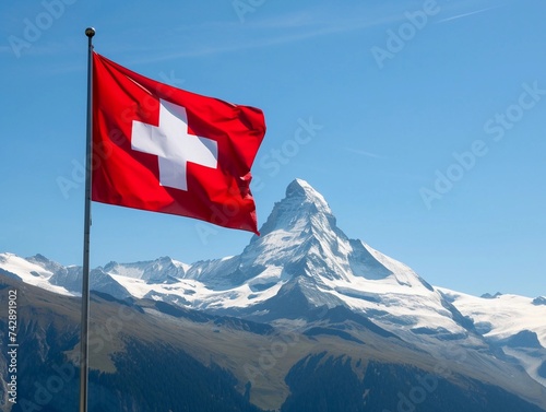 Swiss Flag with Alpine Backdrop