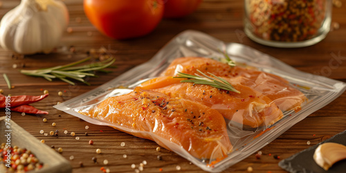 sous vide chicken breast plastic bag marinate slow cooking with rosemary, photo