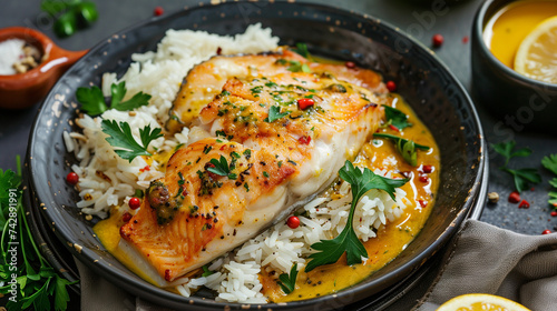 Grilled fish steak with rice and red lentil soup gastro photography redfish
