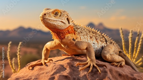 A photo of a desert lizard basking on a rock with sandy expanse backdrop © Edgars