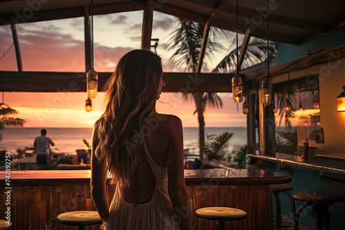 Young girl in a beach bar, looking on a blue lagoon. A charming girl in a dress at a summer bar in the evening by the ocean. Romantic date at the resort