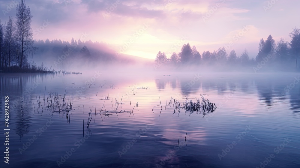 A photo of a misty lake A photo of a misty lake