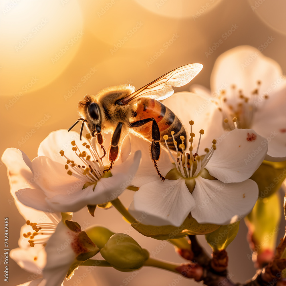 Spring, cherry blossom with honey bee, Bee flying over the flower in blur background
