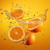 A falling oranges splashing with orange juice on orange background.