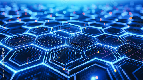 Digital Technology Network, Abstract Blue Hexagonal Pattern, Futuristic Background with Science and Tech Concept