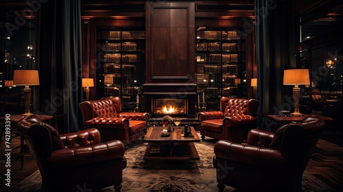 A photo of a sophisticated cigar lounge with leather armchairs
