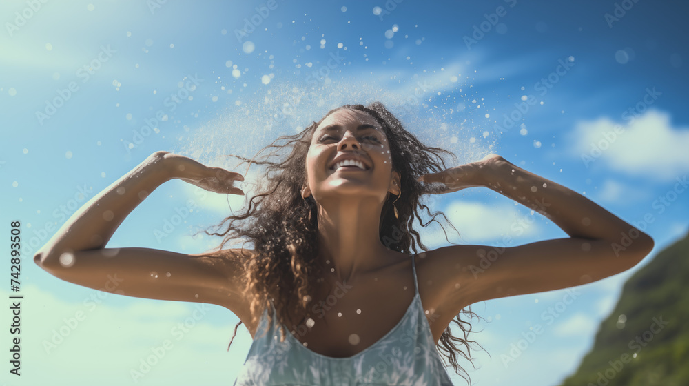 Young woman running into sea with splashes, Happy beautiful woman running on the beach