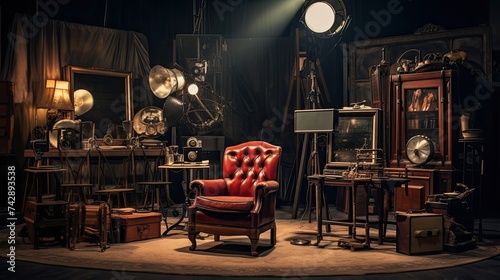 A photo of a studio with a vintage film set