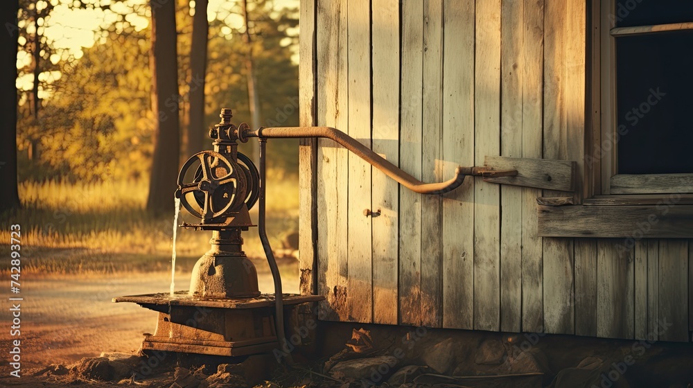 A photo of a vintage water pump in a rustic farmhouse - obrazy, fototapety, plakaty 