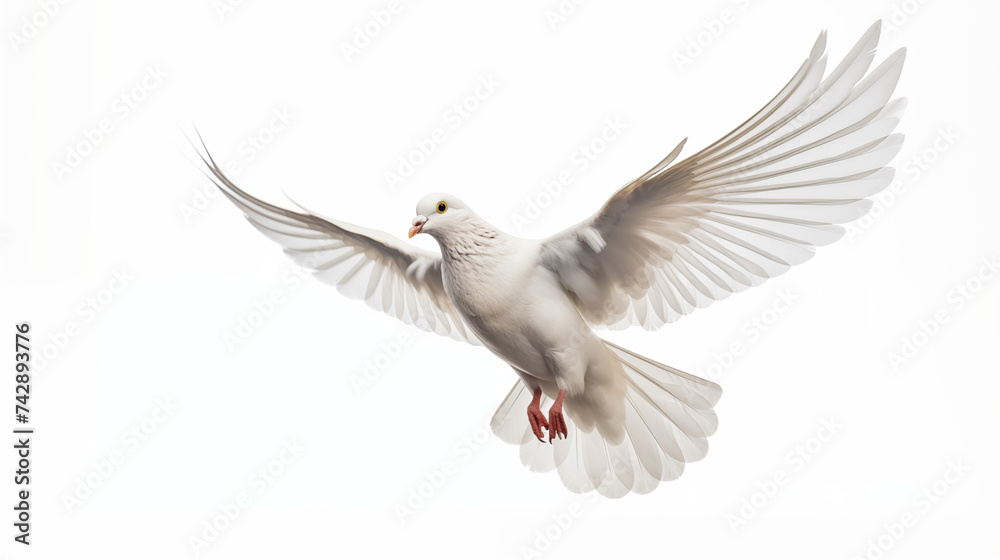 free flying white dove isolated on a white background
