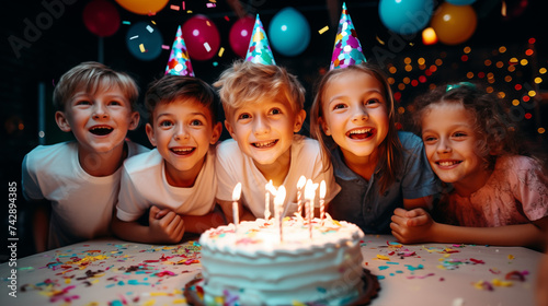 Obraz na płótnie Group of adorable kids looking at birthday cake with candles w salonie