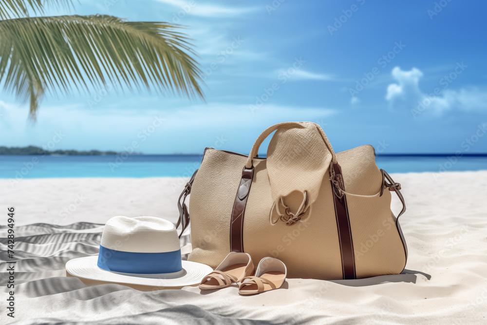 Stylish beach bag with accessories and tropical beach in the background, summer vacations concept