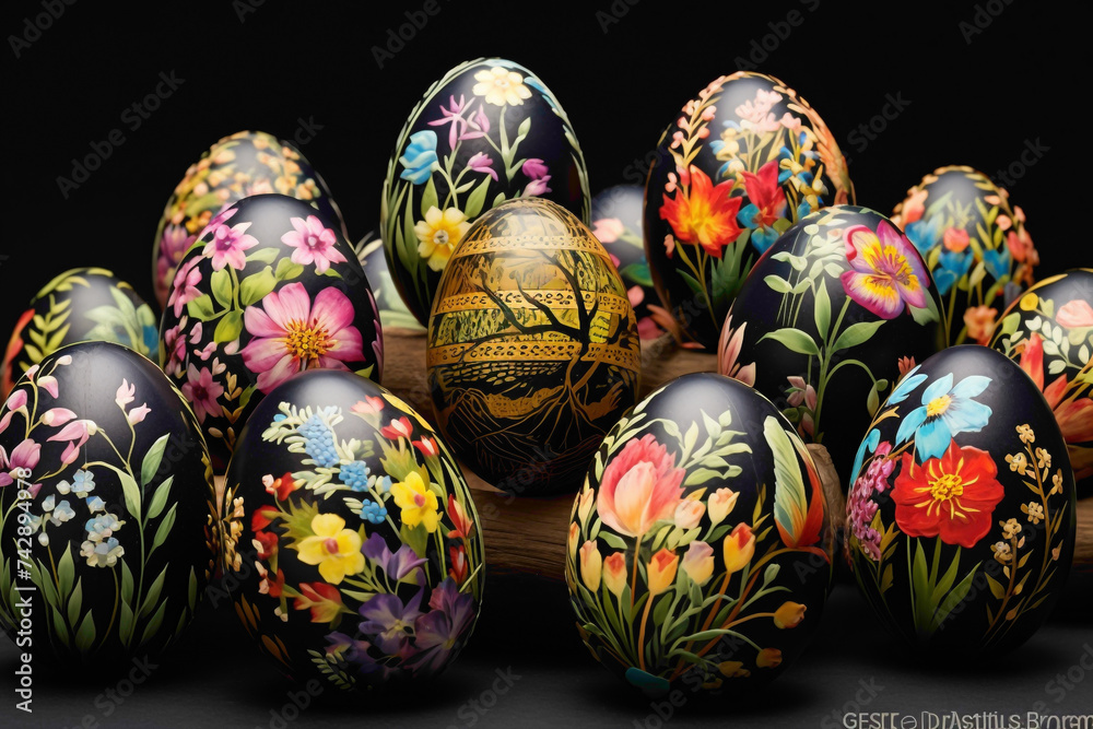 Festive Easter eggs painted with intricate scenes of springtime splendor, depicting blooming flowers, chirping birds, and bustling bunnies.
