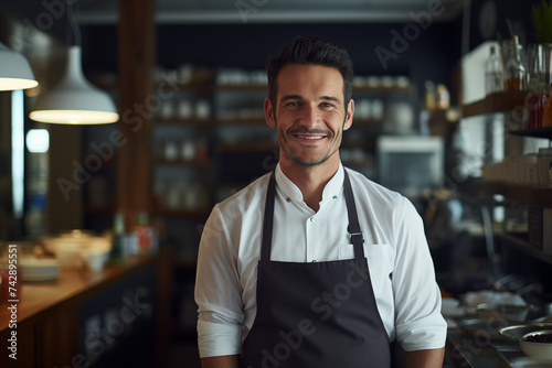 Portrait of a smiling male chef  standing in the kitchen photo