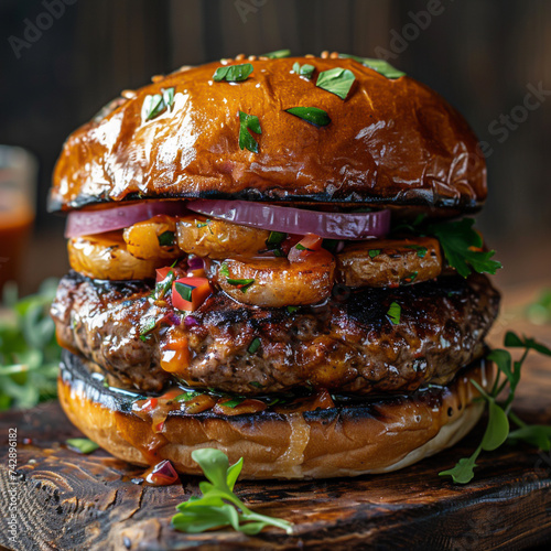 A gourmet burger that marries flavors perfectly featuring a blend of sweet savory and spicy notes a feast for the senses