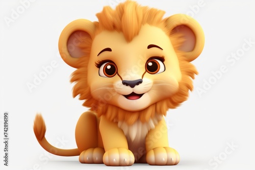 A happy cartoon lion cub sitting with a joyful expression