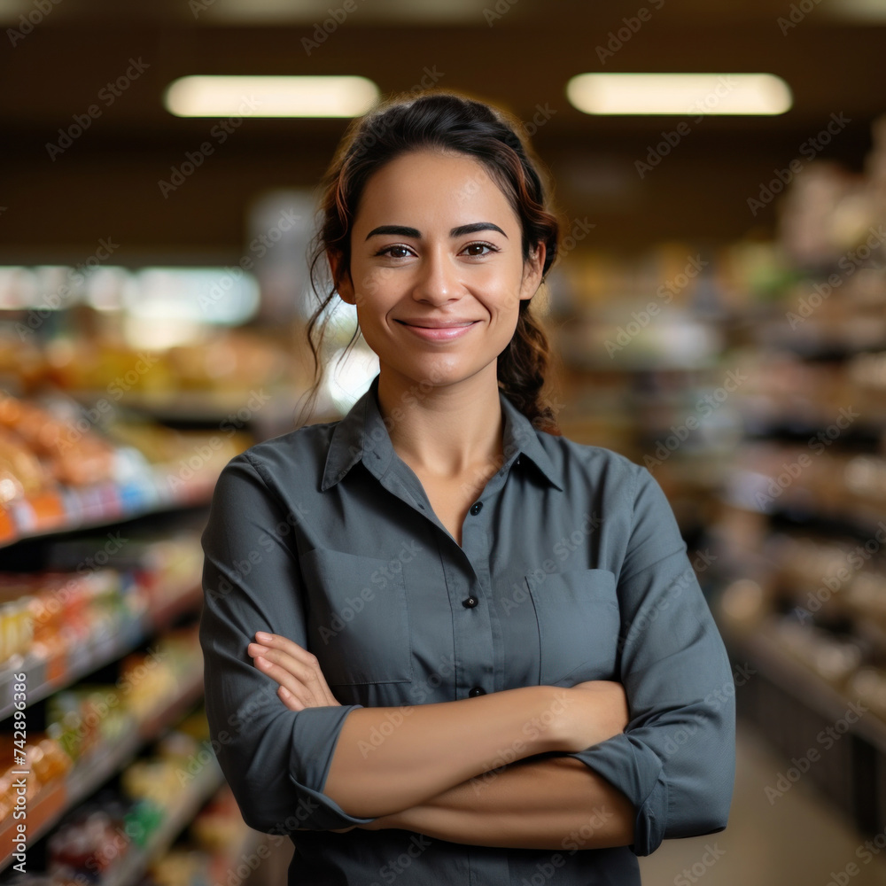 A happy woman shop or supermarket owner with arms crossed.